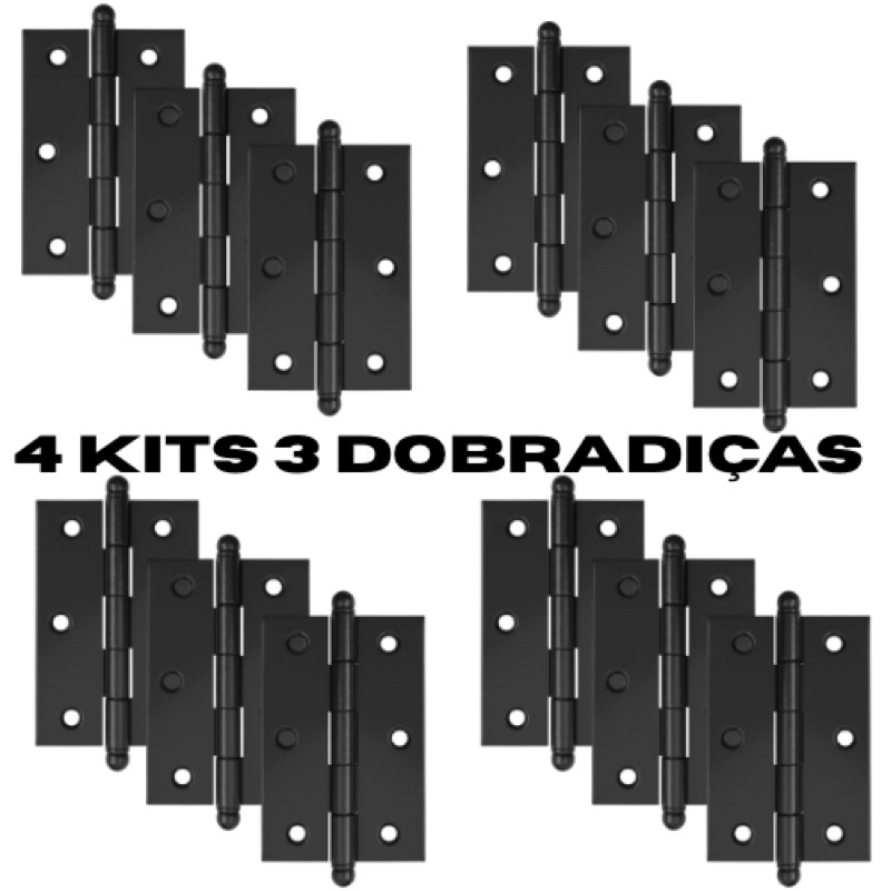 4 Kits 3 Dobradiças De Aço 3 1/2” Pino Bola Com Parafusos