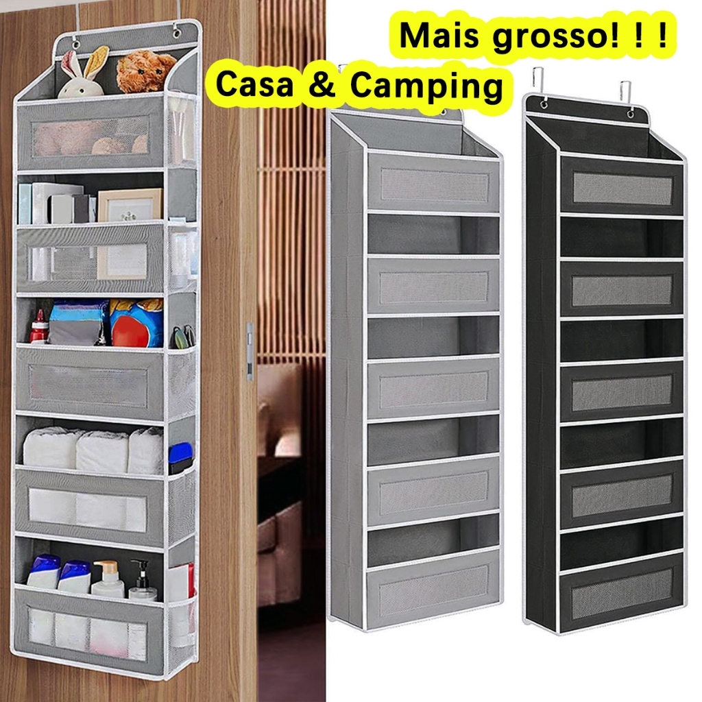 Organizador Suspenso De 5 Camadas Com Bolsos Laterais E Ganchos Para Porta Preto Dobrável Multiuso