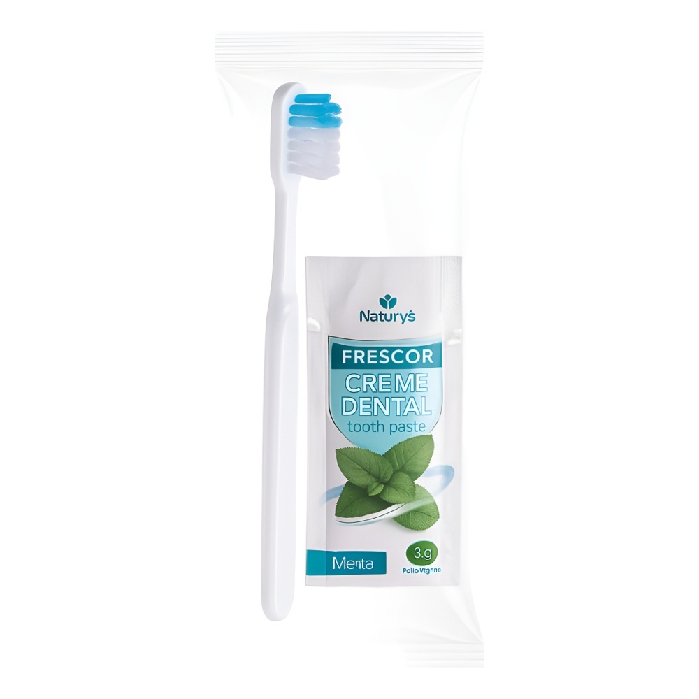 50 KIT DENTAL - Escovas de dentes e Creme dental- sachê 3g - Embalados Individualmente