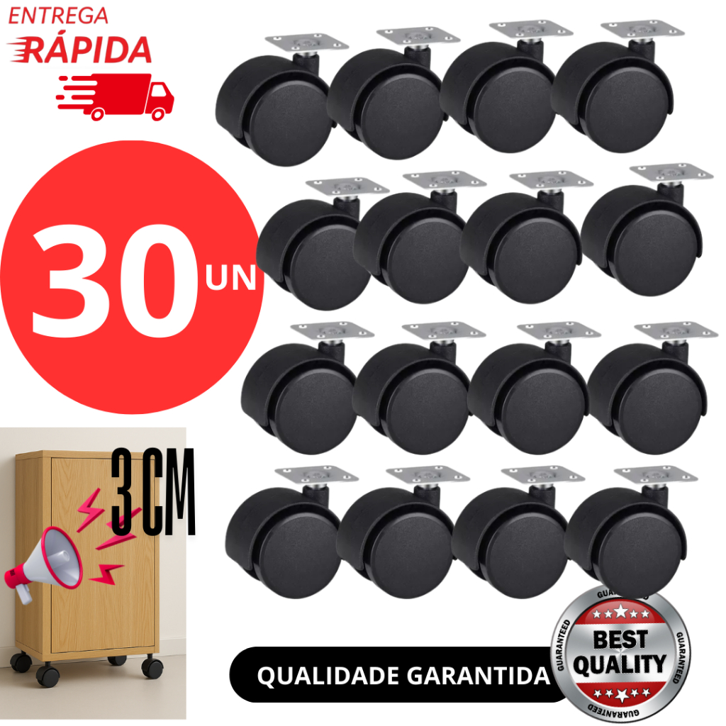 Jogo 30/20/10 Rodinhas Rodizios Rodas Reforcada 30mm Giratório Para Moveis e Cadeiras