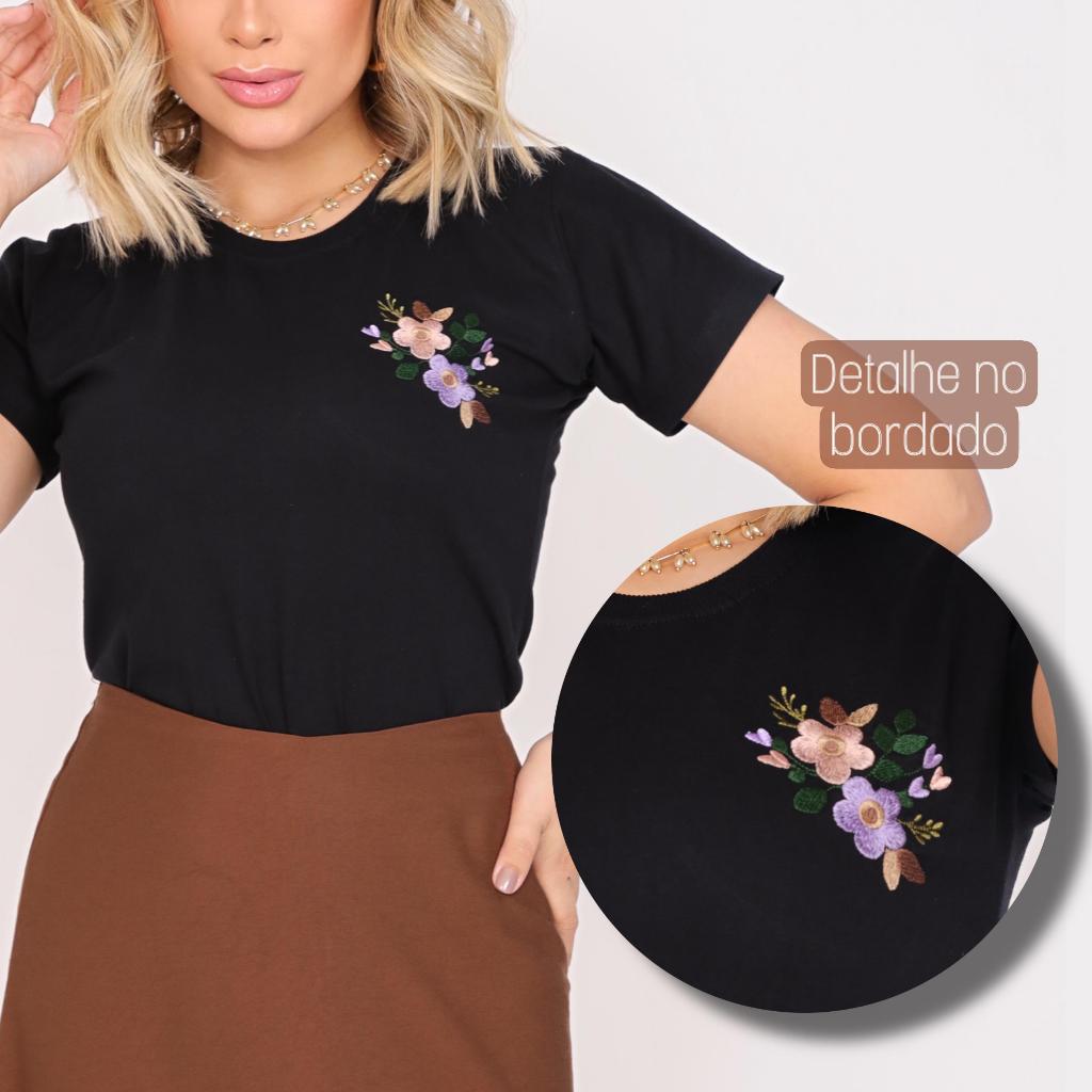 T-shirt Feminina de Algodão Bordada Casual Camiseta Estilosa Gola Redonda