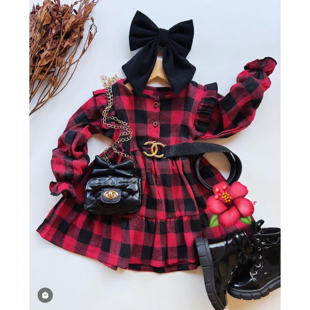 Vestido Infantil Xadrez  Manga Longa Para Meninas Festa Junina