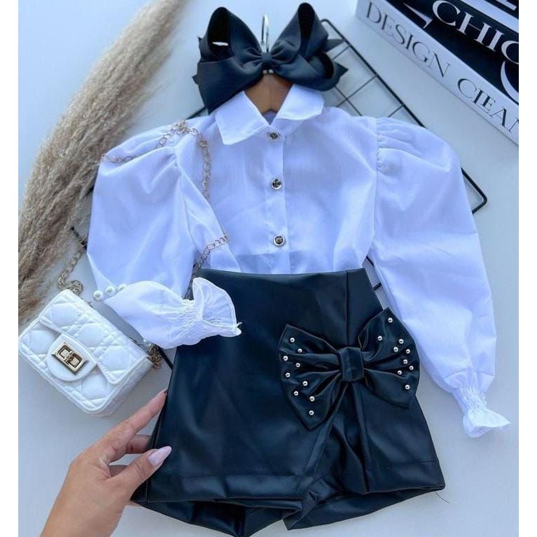 Conjunto Infantil Saia Couro luxo e Camisa Social 2 Peças