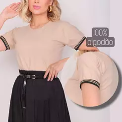 T-Shirt Casual Feminina de Algodão Camiseta Estilosa Gola Redonda com Detalhe de Punho na Manga
