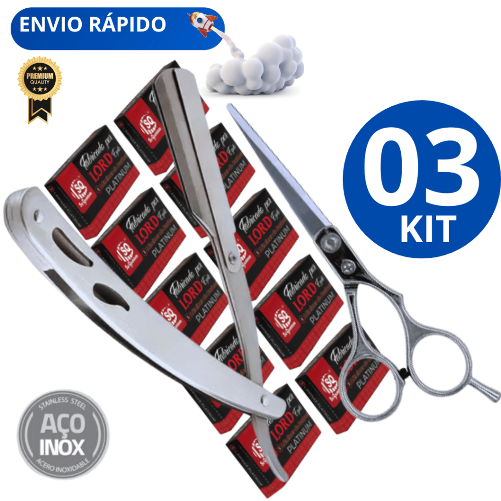 Kit 03 - 50 Lâminas Linha Premium 1 Navalhete Profissional Inox 1 Tesoura para Cabelereiro Profissional Variáveis