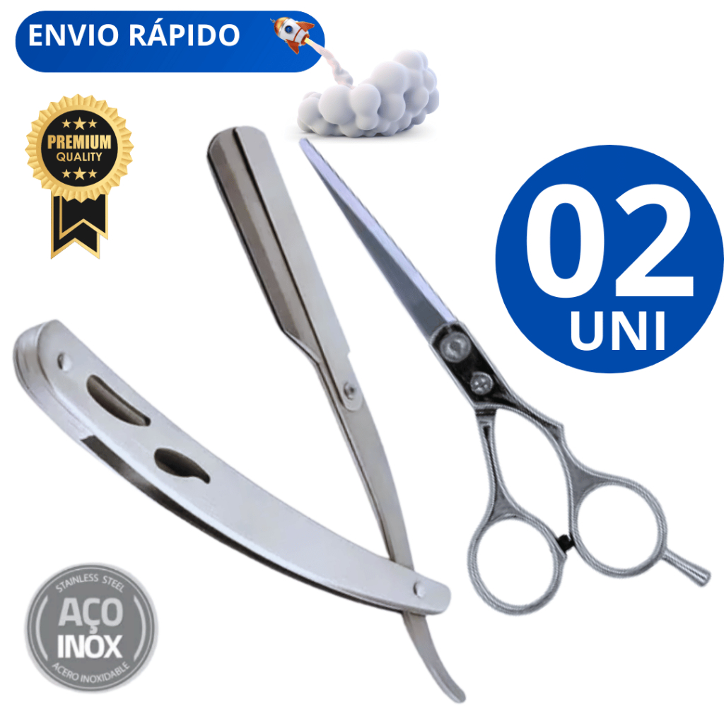Conjunto 2 - 1 Navalhete Profissional Inox 1 Tesoura para Cabelereiro Profissional Variáveis Utilidades Barbearia
