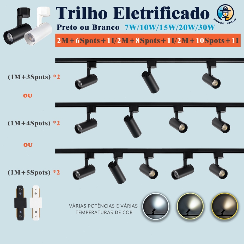 Trilho Eletrificado LED 7W a 30W Cor Preto Branco Bivolt Kit 2M+6Spots/8Spots/10Spots e 1 I Conector