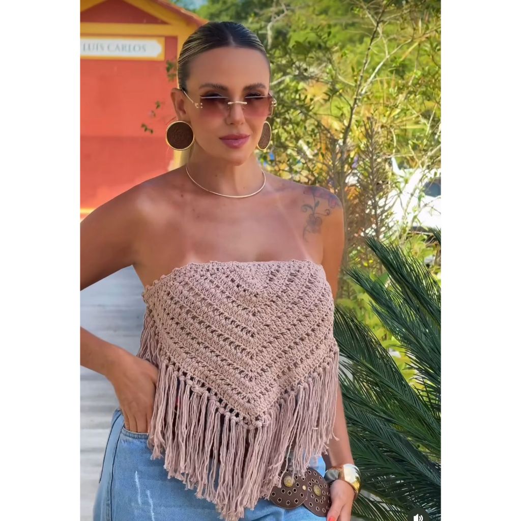 Cropped Feminino em Crochê Artesanal - Cropped Tomara que Caia com Renda - Cropped Laís em Oferta na Shopee