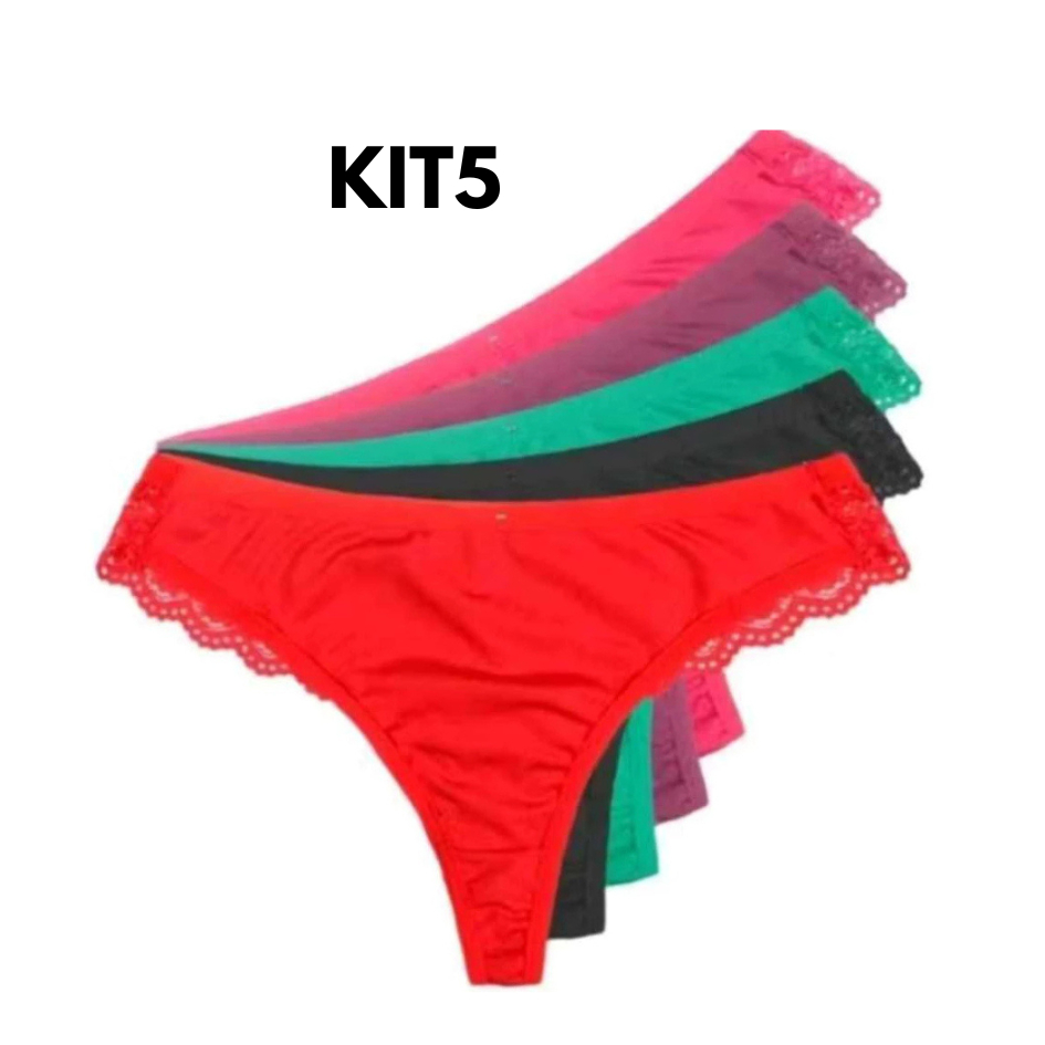 Kit com 5 Calcinhas em Renda Fio Dental Sexy Lingerie Feminina Sensual Moda Intima