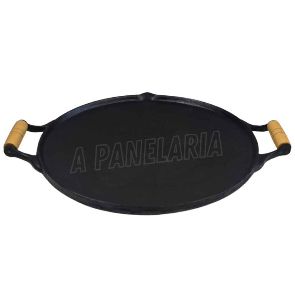 Chapa de ferro 45 cm com alça de madeira ferro fundido resistente cozinha bateia disco