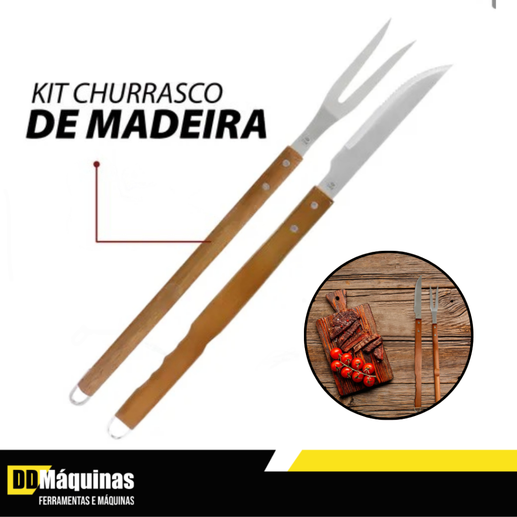 Kit Churrasco 2 Peças / Inox com Cabo de Madeira, Durável e Elegante- Bel
