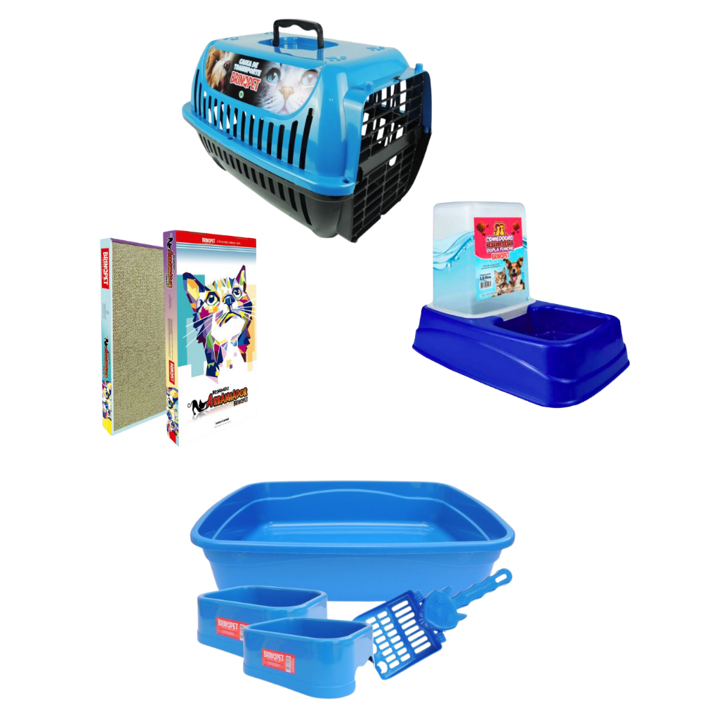 Kit Gato Caixa Transporte n1, Cx de Areia, Arranhador, Comedouro Dupla unção e ganhe Pá Dosadora
