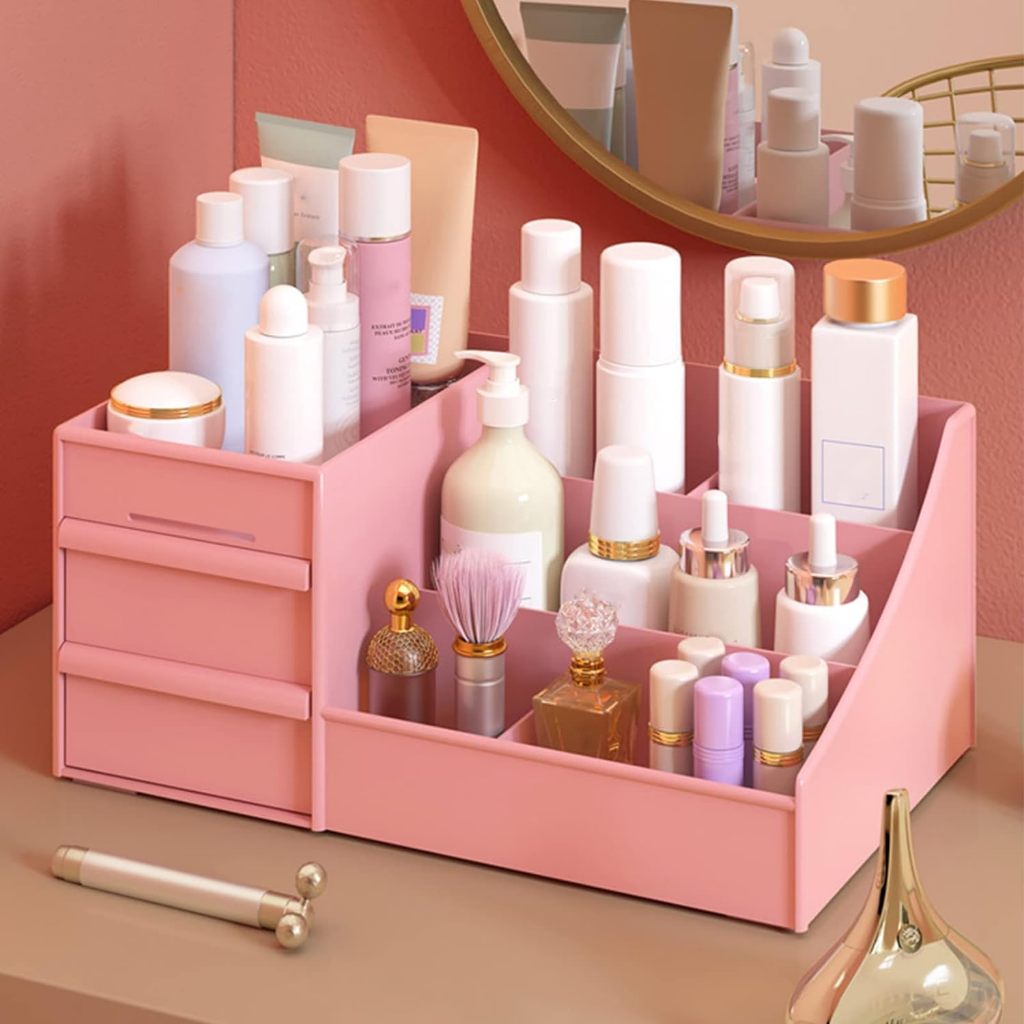 Organizador de Mesa Multiuso com Gavetas Escritório Maquiagem Branco Preto Rosa Eom Utilidades