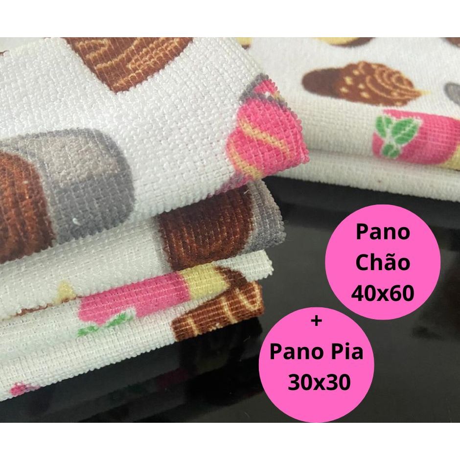 Pano de Limpeza Microfibra 40x60  + Pia 30x30 Super Absorvente Seca Pano de Chão Microfibra Cupcake