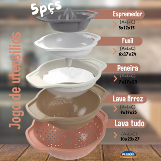Jogo De Utensílios com 5 peças - Espremedor Funil Peneira Lava arroz e Escorredor - Plasútil em Oferta na Shopee