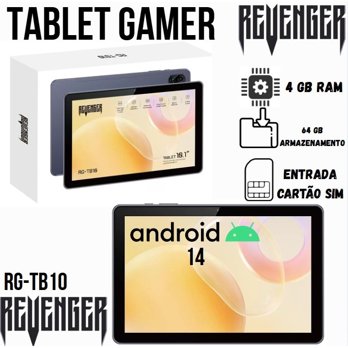 Tablet Gamer de 10 Polegadas Revenger RG-TB10 | 4GB RAM | 64GB Armazenamento | 2.4/5.0Ghz | 4G Chip