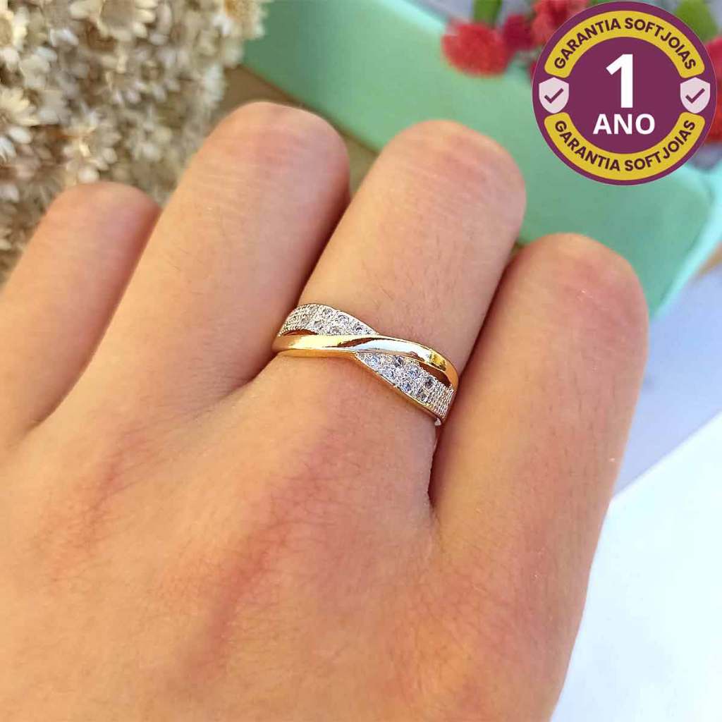 Anel do Infinito com Duas Fileiras de Zircônias Folheado em Ouro 18K Softjoias