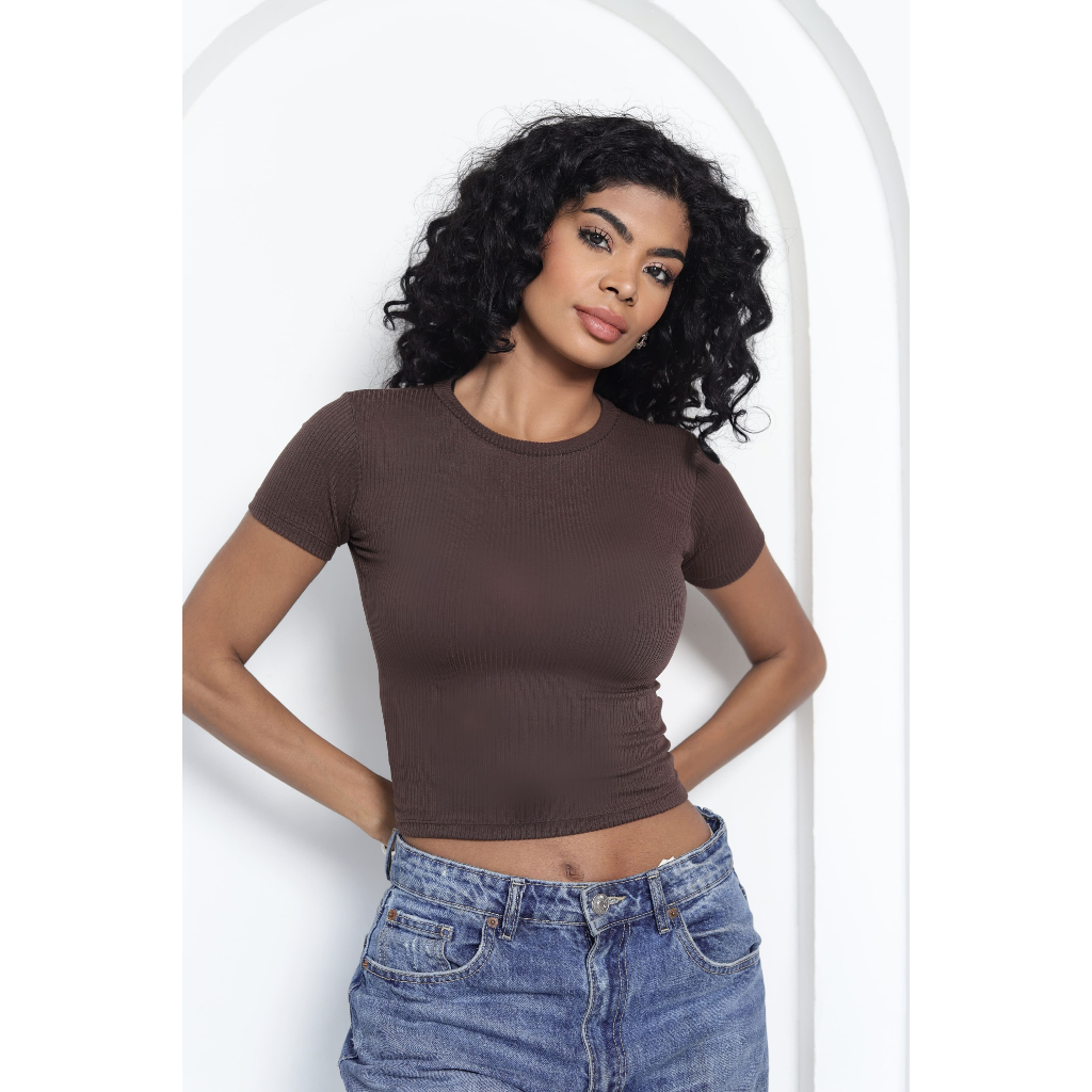 Baby Tee Feminina de Ribana - Blusa Canelada Slim Manga Curta - Varias Cores - Women Clothes