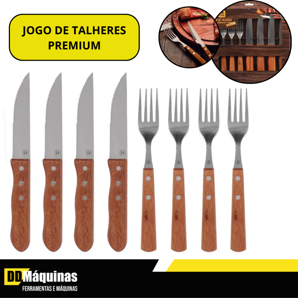 Jogo de Talheres Premium em Inox com Cabo de Madeira Para Churrasco 8 Peças - Bel