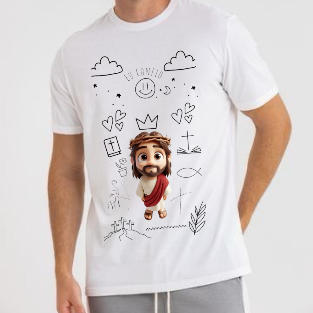Camiseta Unissex 100% Algodão Estampada Criativa Eu Confio em Jesus Cristo Desenho Moda Cristã Cristão Evangélica