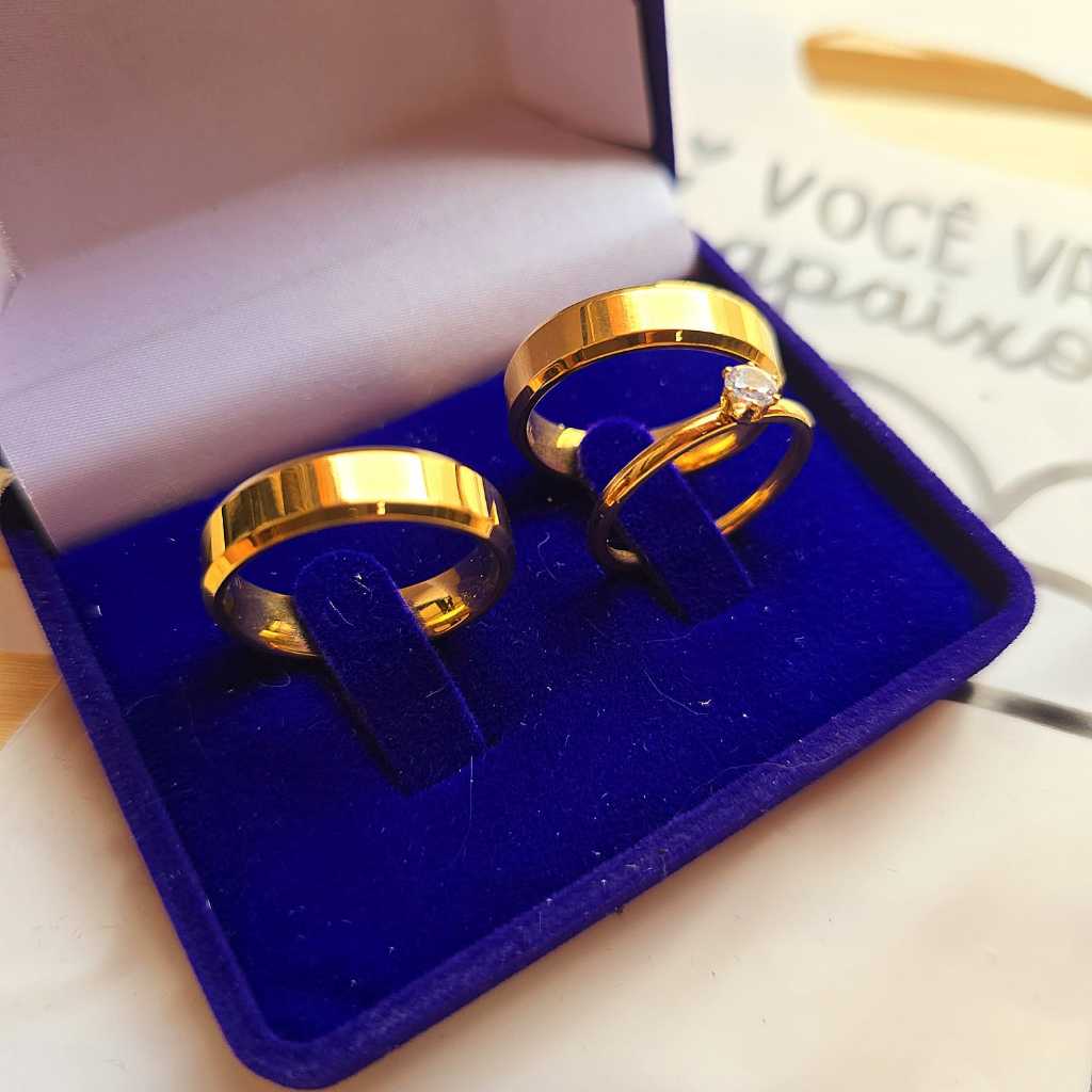 Par de aliança casamento 6mm chanfrada noivado banhado a ouro 18k + Anel solitário + Solitário