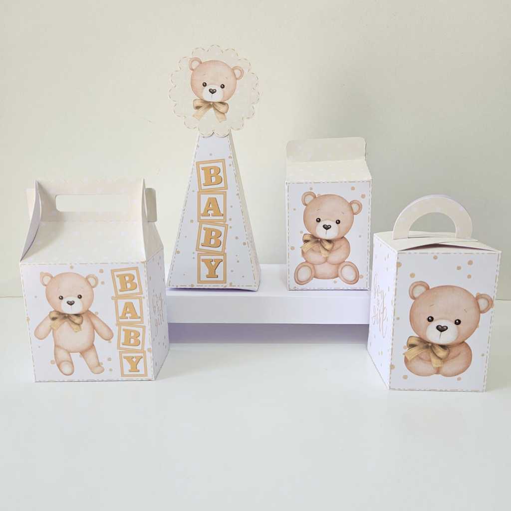 KIT CAIXAS PERSONALIZADAS URSINHO BEGE NEUTRO LEMBRANCINHA DE FESTA INFANTIL CHÁ REVELAÇÃO