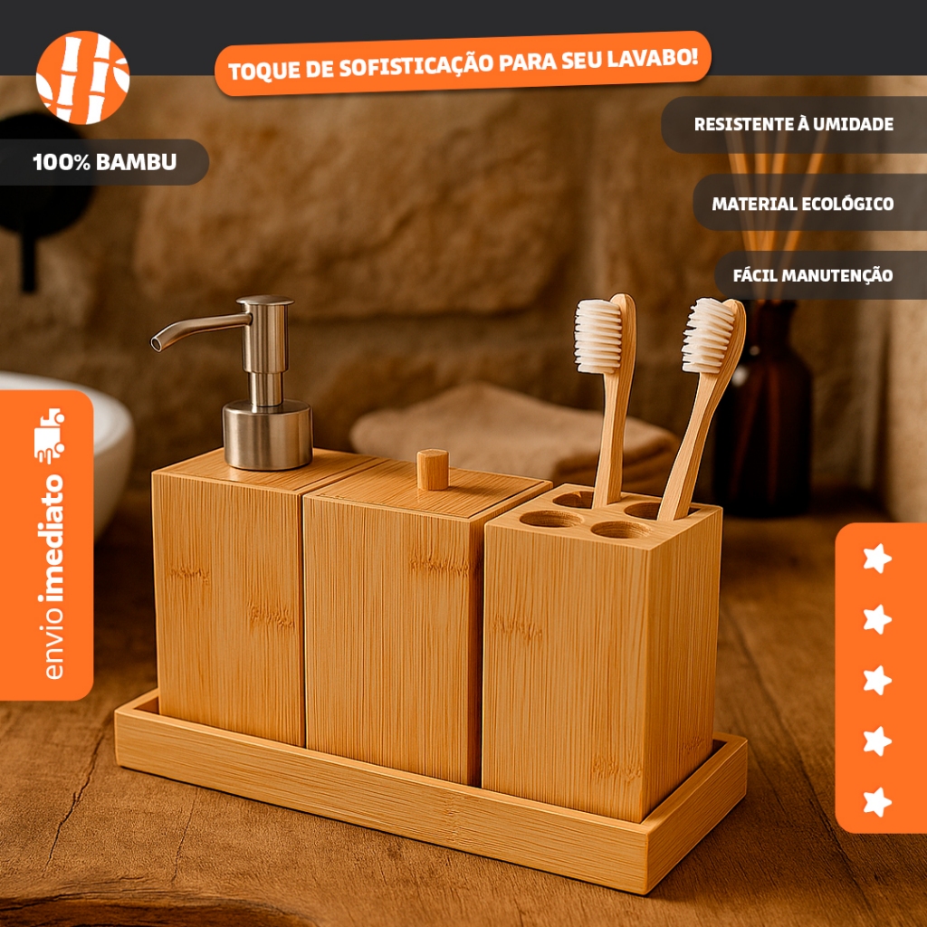 Conjunto P/Banheiro Bambu 4Pçs Porta Sabonete Porta Escova Copo - Bhz Store