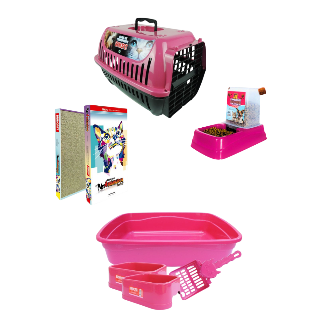 Kit Gata completo cx transporte n1, caixa de areia, comedouro dupla função, arranhador + pá dosadora