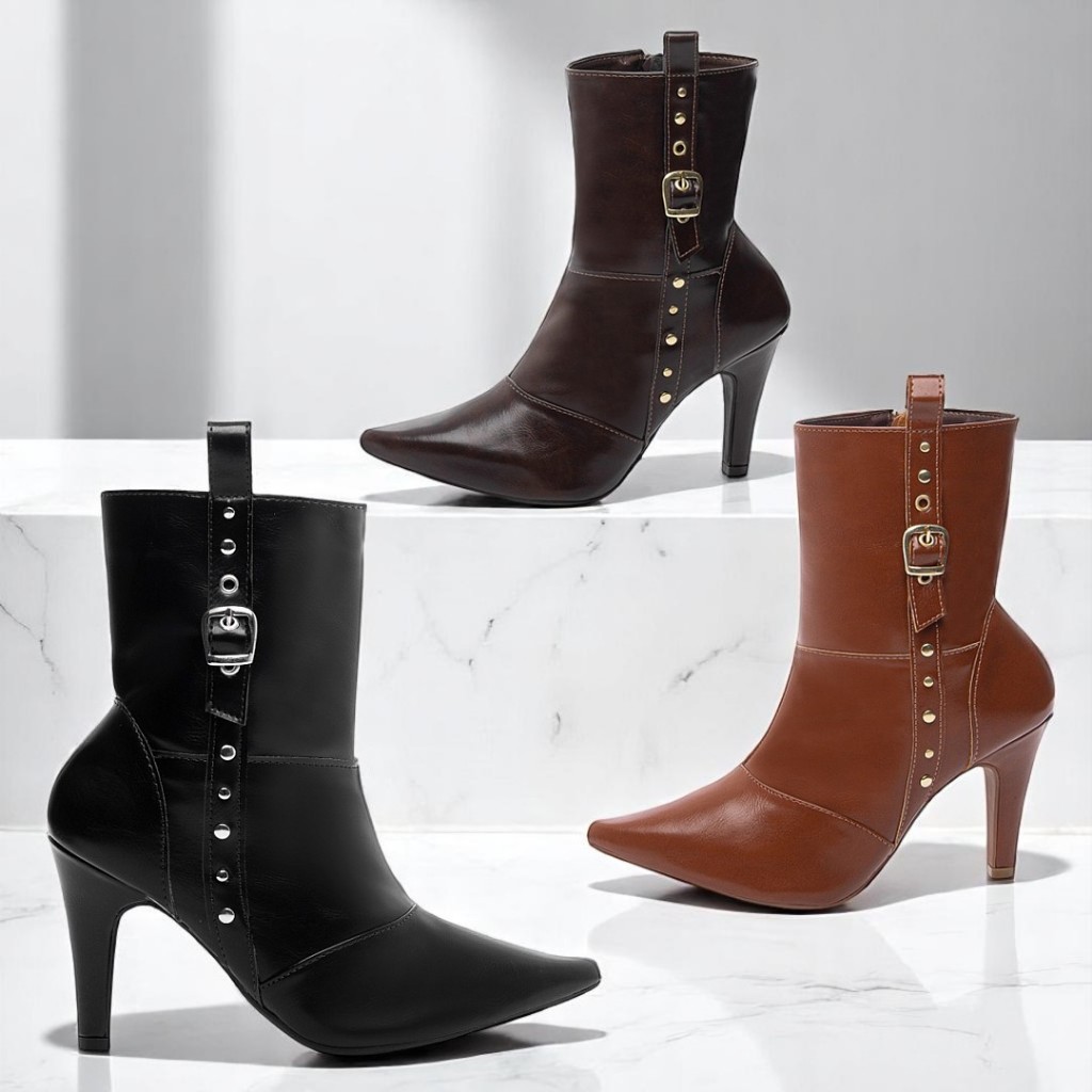 Bota Feminina Torricella Luxo Moda Chic Salto Alto Fino Cano Médio Enfeite Fivela Preta Café Marrom