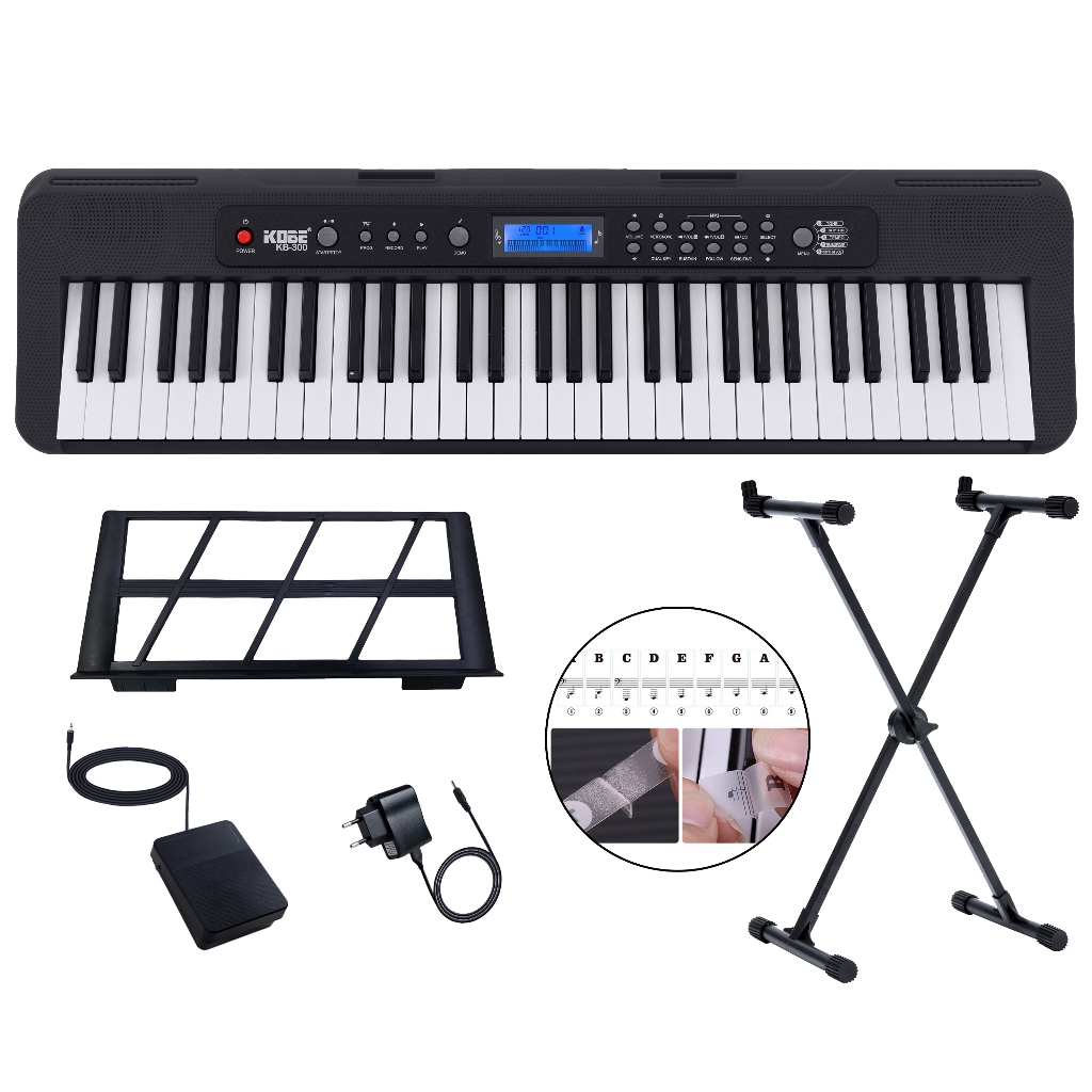 Kit Teclado Musical Iniciante Kobe KB-300 61 Teclas Sensitivas com Pedal Sustain e Suporte