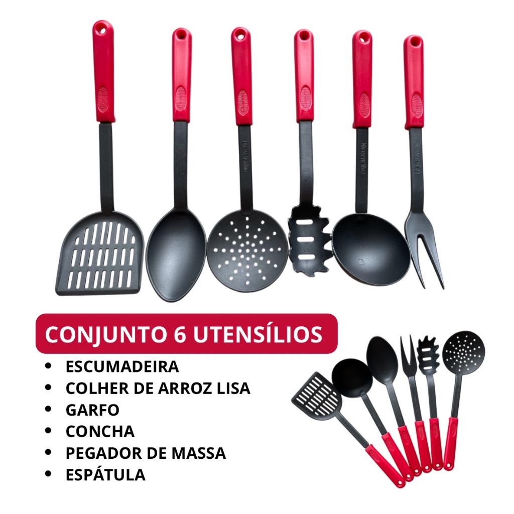 Kit Utensílios De Cozinha Vermelho Jogo Completo Colher Silicone 12 Peça Colheres Antiaderente Nylon