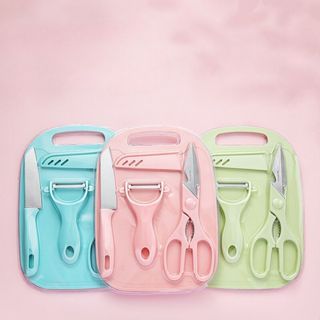 Kit 4 Peças Para Cozinha - Faca Tesoura Descascador Tábua Culinária Inox em Oferta na Shopee