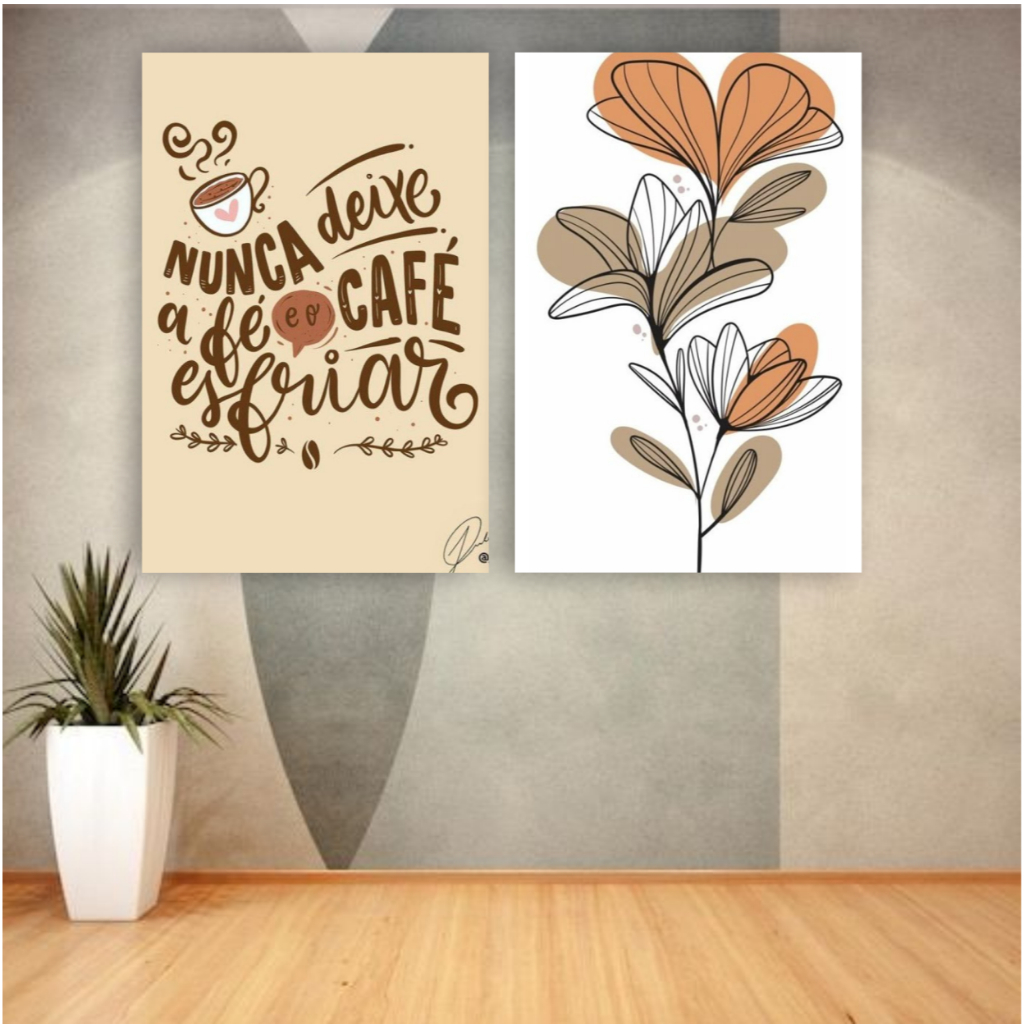 Quadro decorativo 2 peças cantinho do café nunca deixe a fé e o café esfriar tons rosê copa cozinha