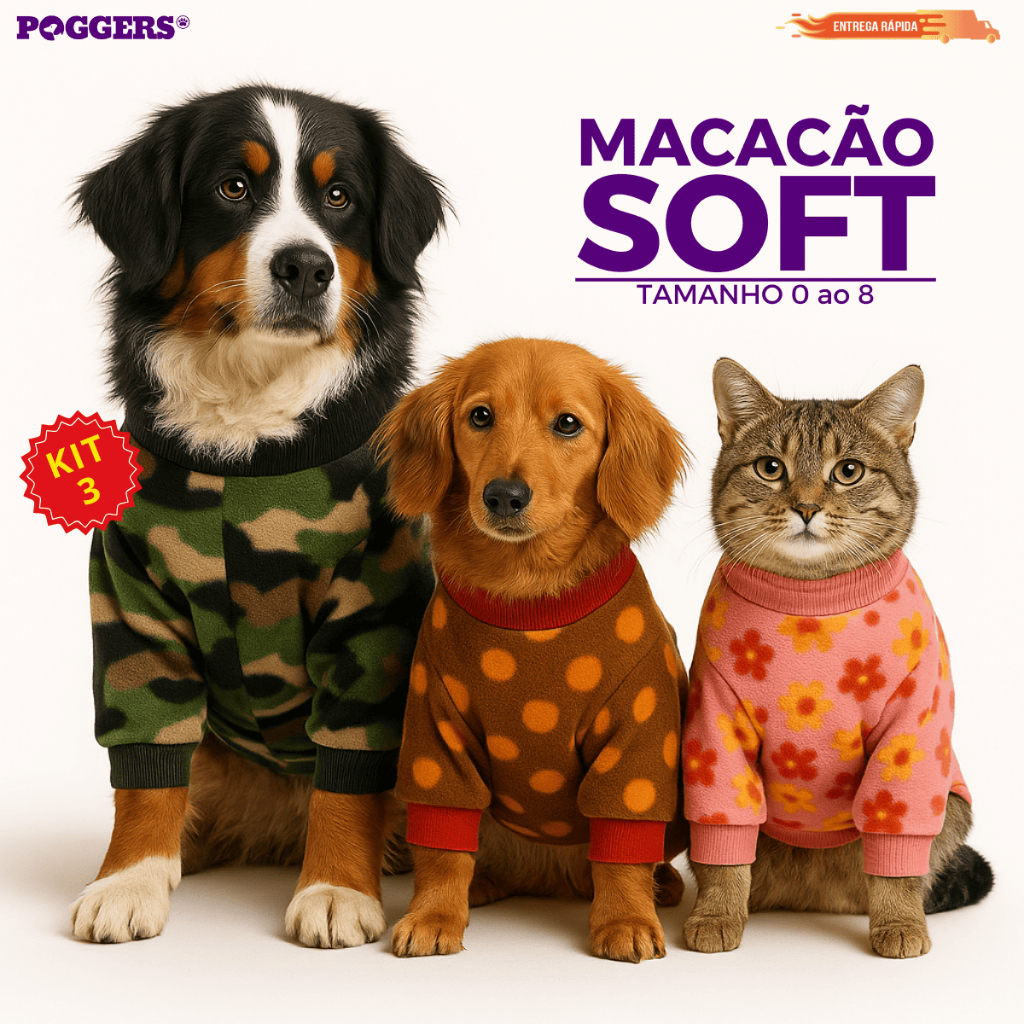 Kit 3 Macacão Soft Para Cachorros Roupinha Quente para Inverno e Confortável Pijama Cães e gatos
