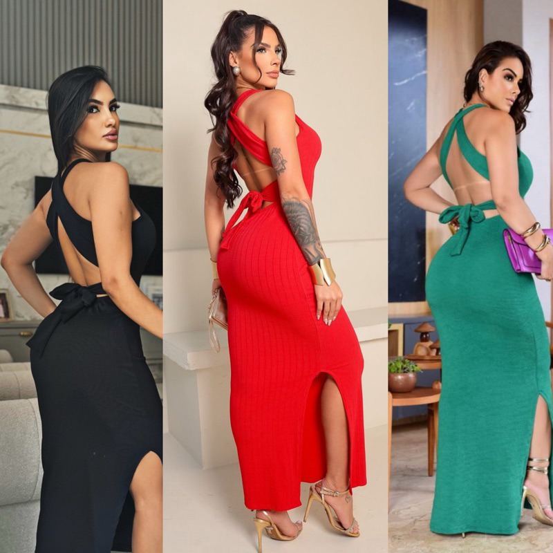 Vestido Feminino Mid Amarração com Fenda Elegante Longo Festa Casual Estiloso e Chick