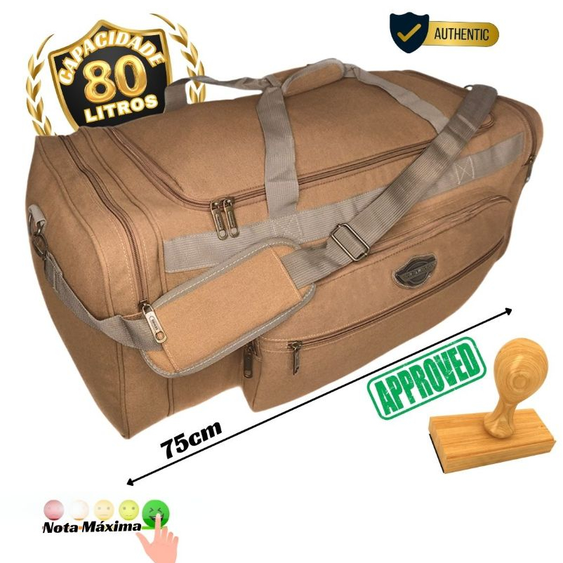 80L - Bolsa De Viagem Extra Grande Lona Reforçada Resistente e Confortável com 80Litros 75cm Denlex
