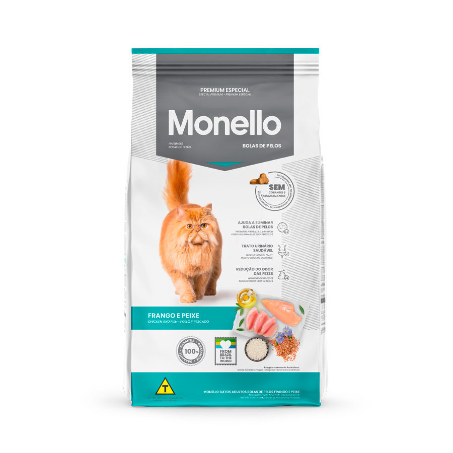 Ração Monello Bolas de Pelos para Gatos Adultos Sabor Frango e Peixe 1kg
