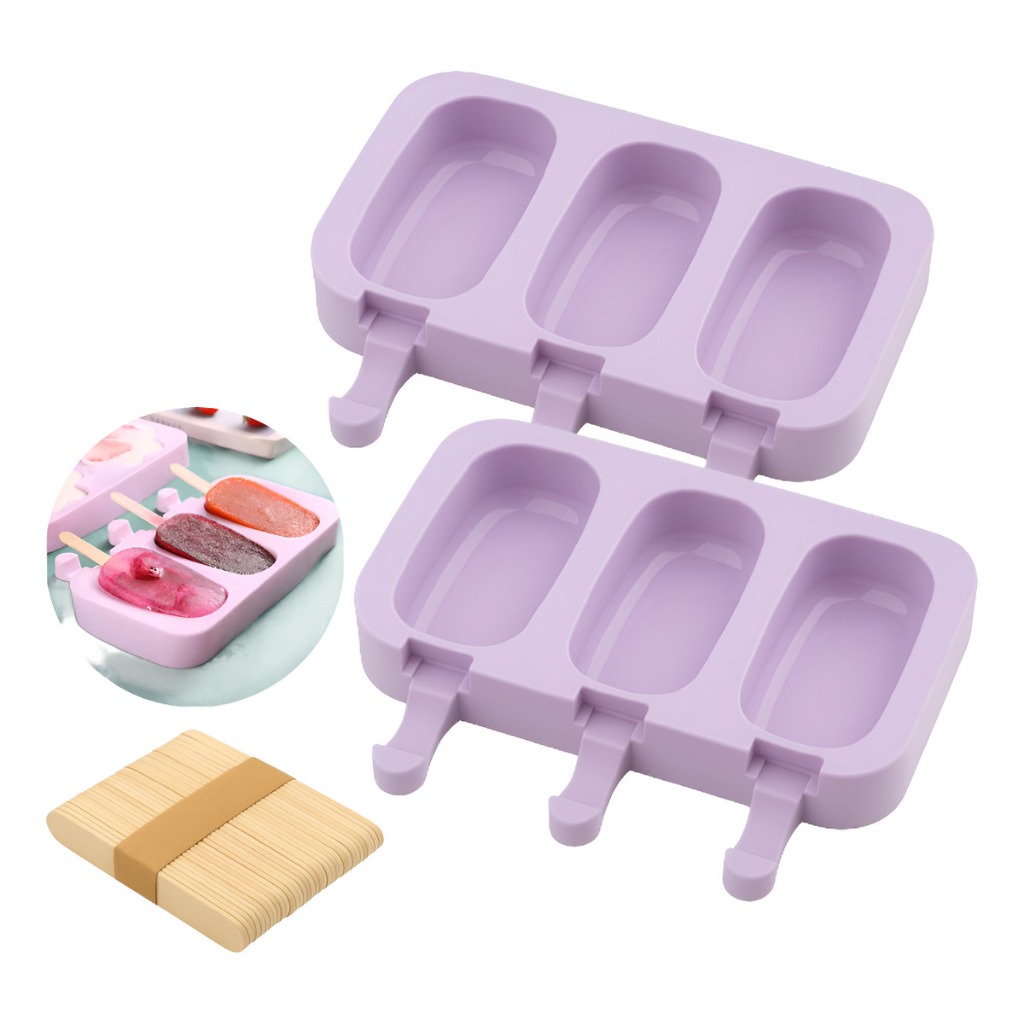Kit 2 Forma Molde Para Sorvete Picolé Silicone C/ Tampa mais 100 Palitos 6 Sorvete fitness caseiro