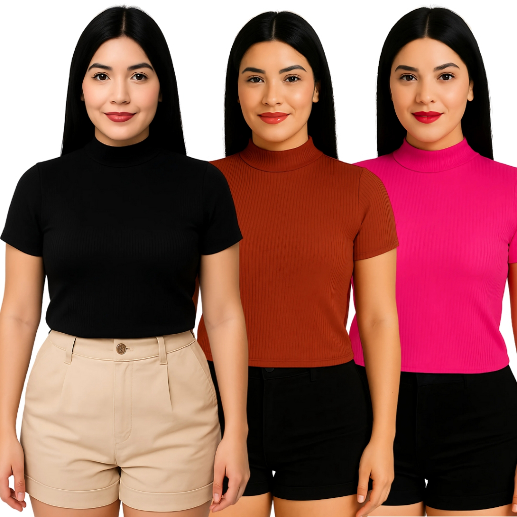 Blusa Blusinha Feminina Canelada Manga Curta Gola Alta Moda Feminina Confortável