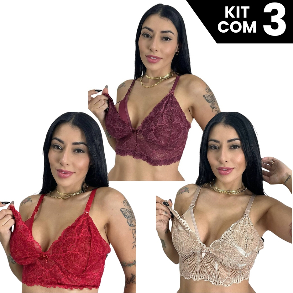 Kit 3 Sutiãs Amamentação Renda Prático Gestante Confortável Alças Reforçadas Pós Parto Maternidade