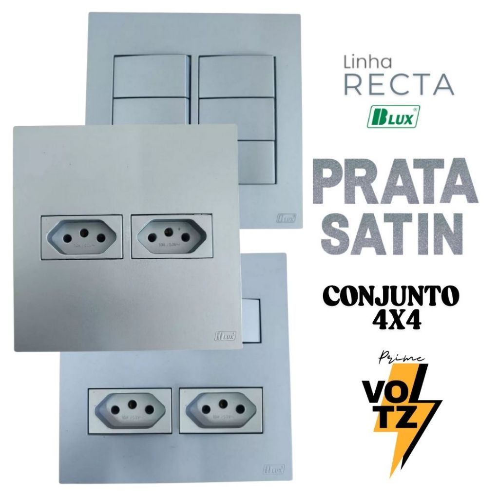 Conjunto Tomada Prata 10a 20a 4x4 Interruptor Simples Paralelo Recta Prata Satin Fosco BLUX