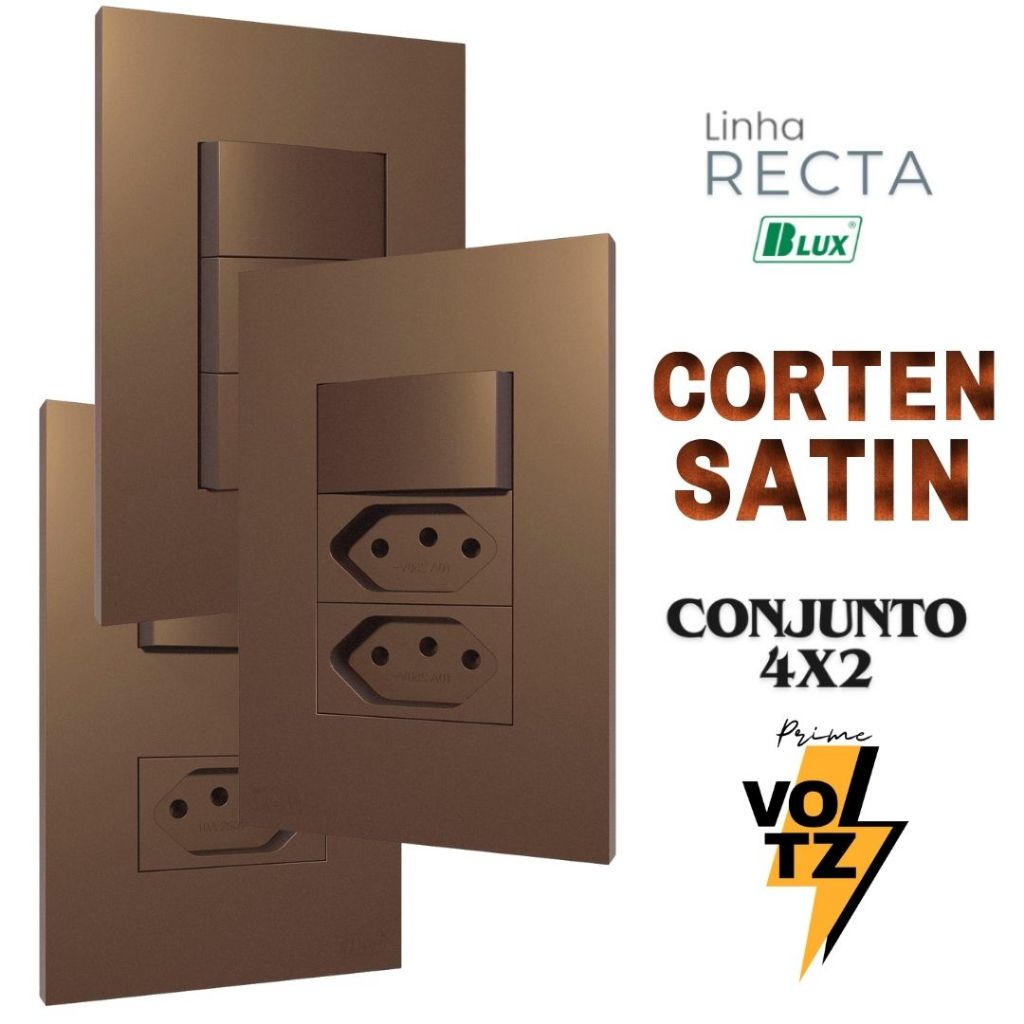 Conjunto Tomada Cobre Corten Bronze 4x2 10a 20a Interruptor Simples Paralelo Recta Corten Fosco BLUX