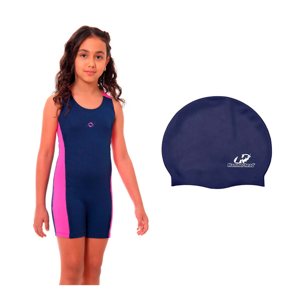 Kit Maiô Macaquinho Natação Infantil Juvenil E Touca Silicone Impermeável