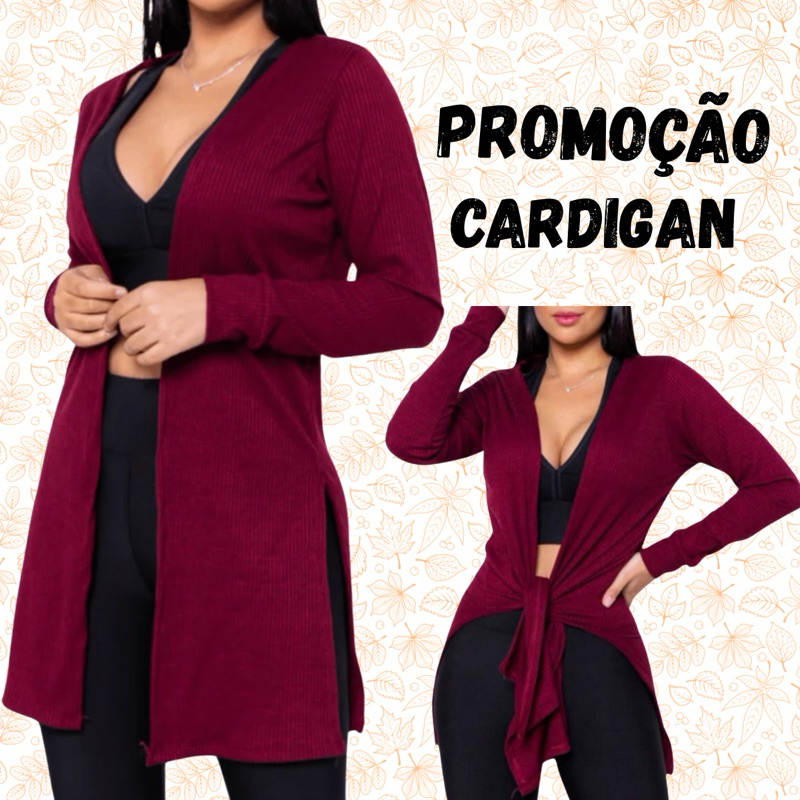 Cardigan Manga Longa Feminino Kimono Canelado com Fenda com Punho