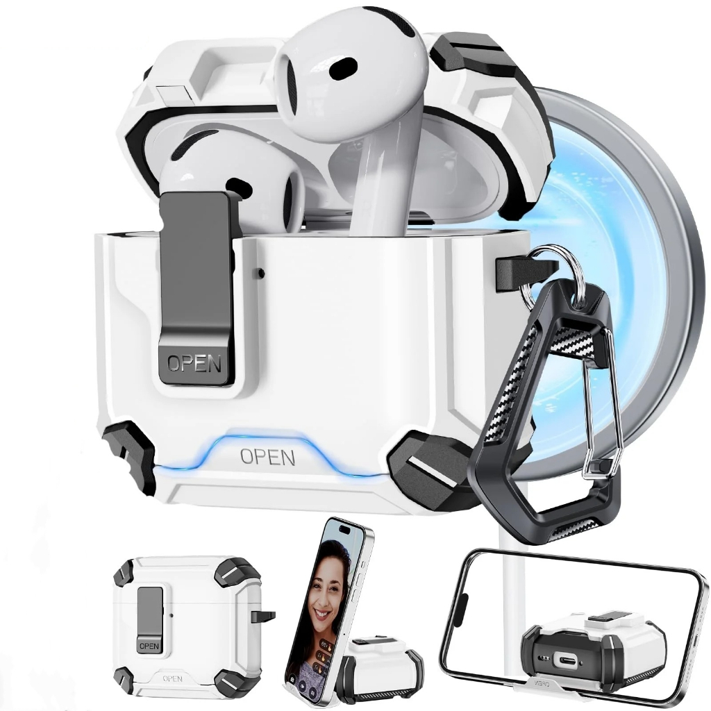 Compativel AirPods 4 Capa Militar Armor Pro Proteção Contra Quedas Trava Automática Gancho Carbono Anti Impacto