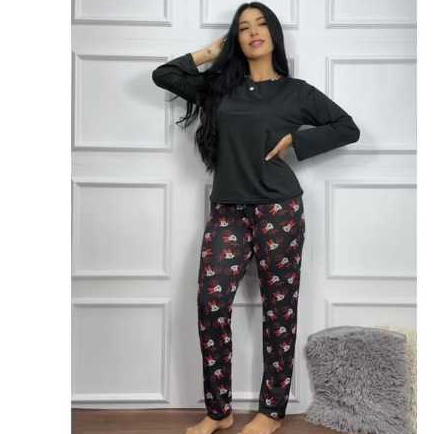 Pijama Longo Feminino Adulto Estampado Confortável Conjunto de Dormir Inverno Manga Comprida Frio
