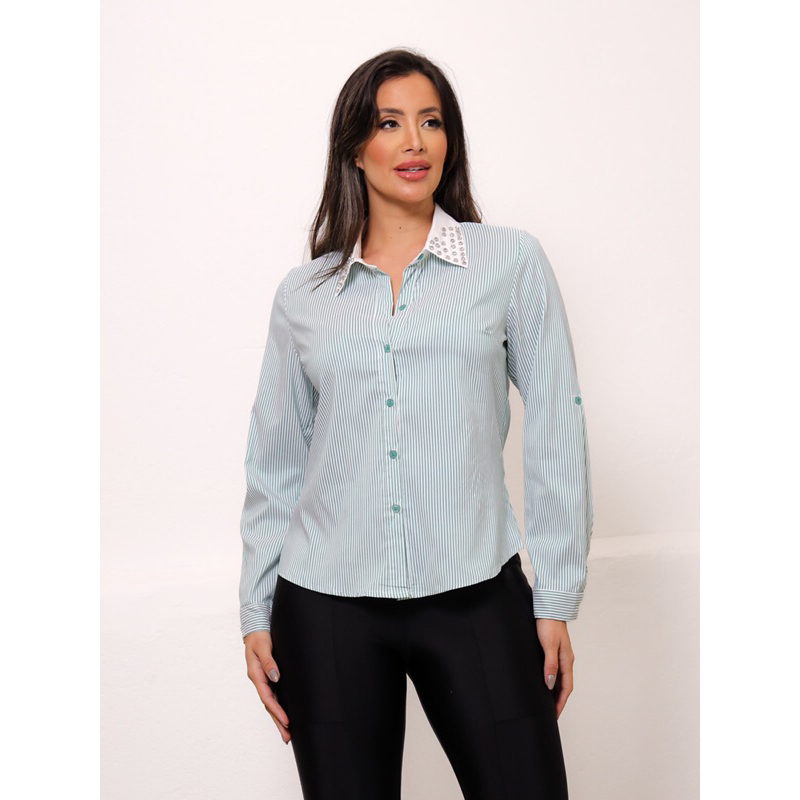 KC943112 CAMISA FEMININA LISTRADA DE PEDRARIA LANÇAMENTO