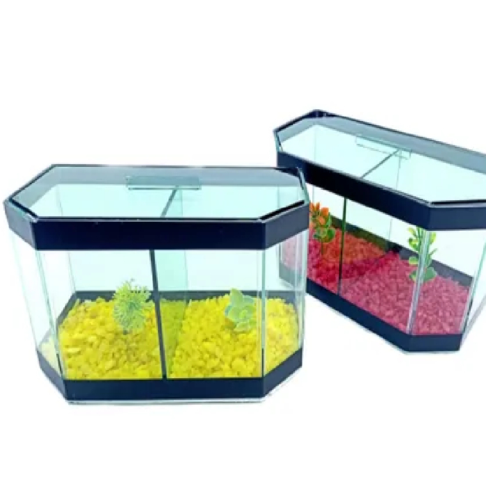 Aquário Diamante Duplo 24x12x14cm Decorado Beteira Para 2 Peixes betas decorativo presenta plantas artificial