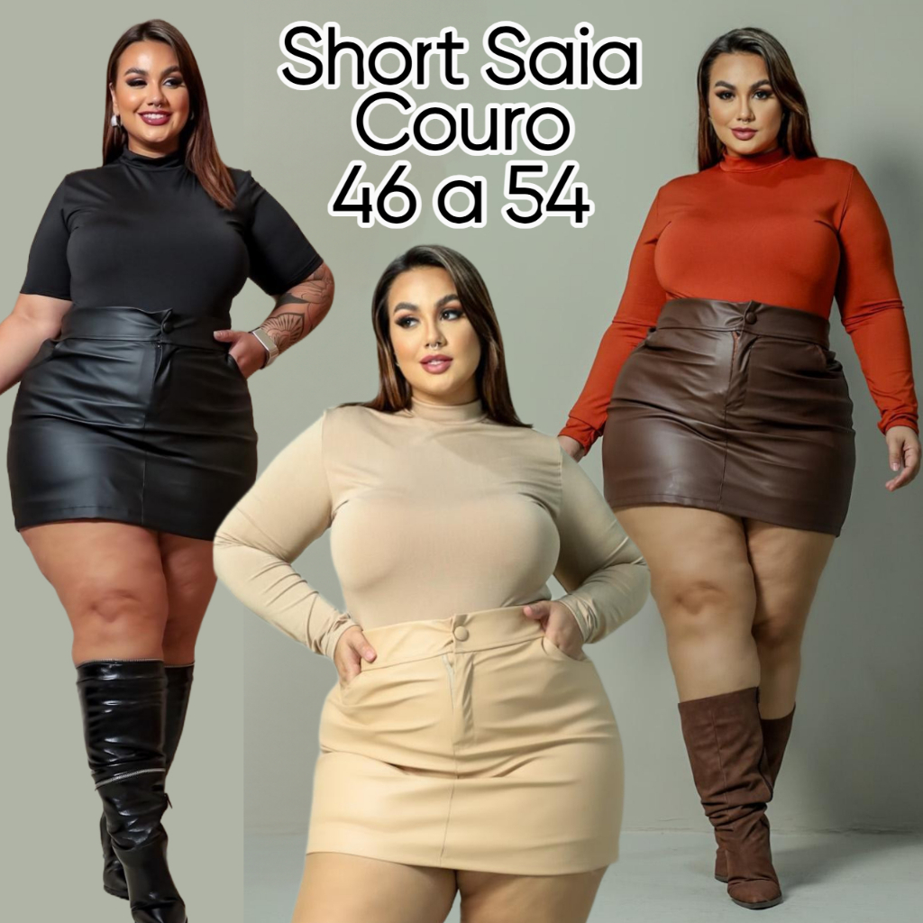 SHORT SAIA DE COURO PLUS SIZE CÓS ELASTICO LOOK CURVE G1 G2 G3