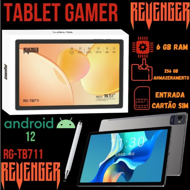 Tablet 10 Polegadas Gamer Revenger RG-TB711 com Capa, caneta e Película de Vidro | 6GB RAM e 265GB |